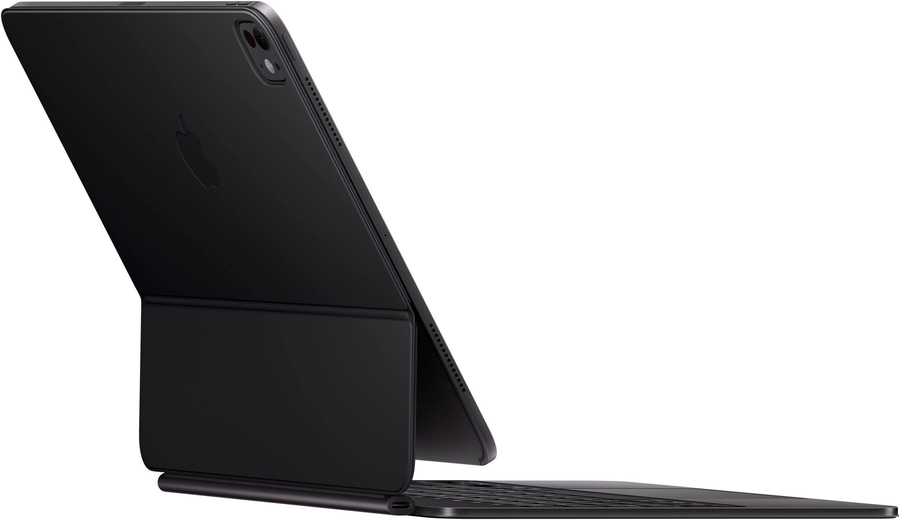 Schwarzes Tablet mit Tastatur, Apple-Logo, Seitenansicht, modernes Design, Technologie
