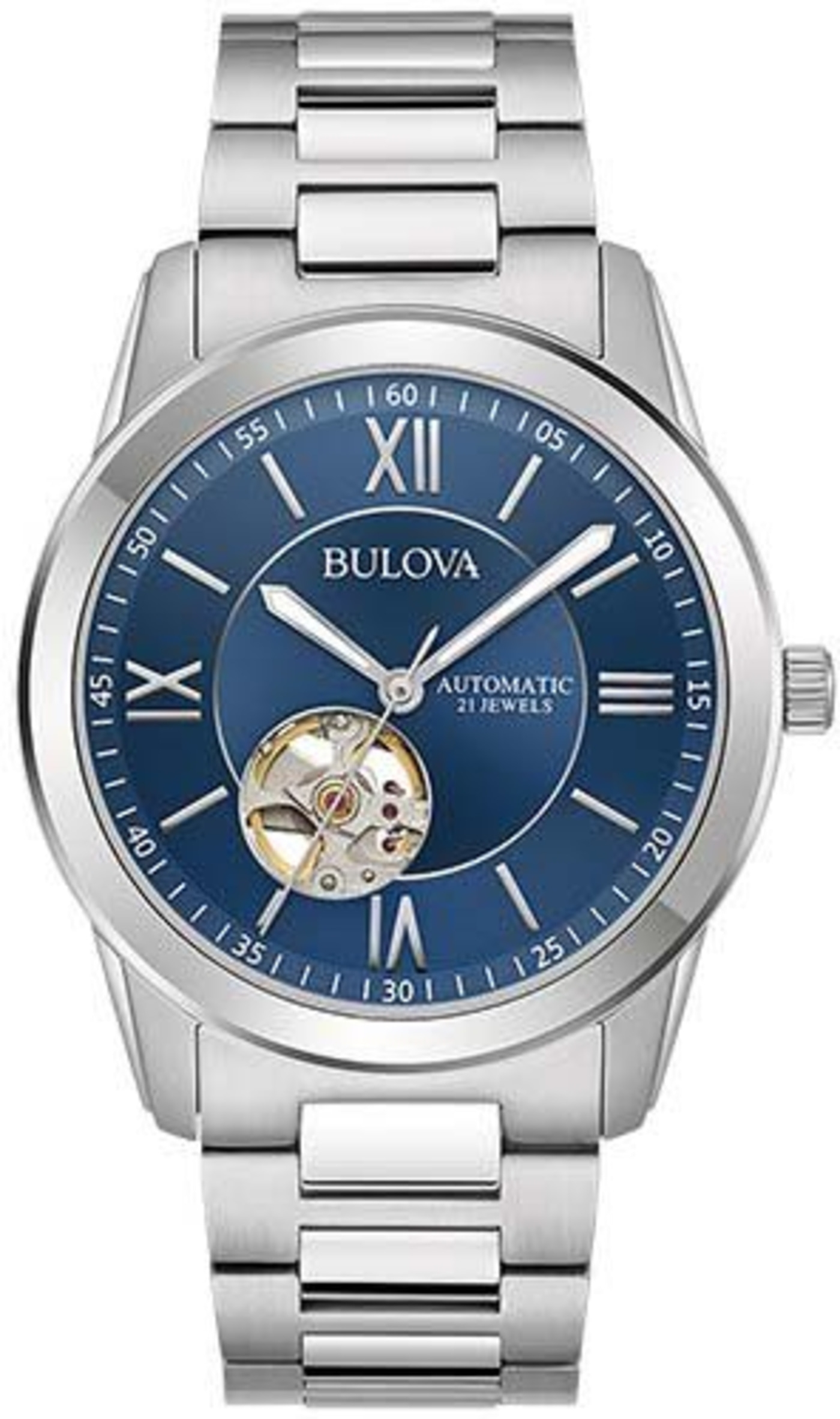 Bulova Herrenuhr mit blauem Zifferblatt, römischen Ziffern und silbernem Armband