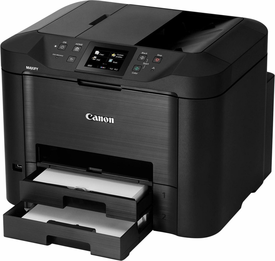 Schwarzer Canon Maxify Drucker mit Papierauszug, Bedienfeld und Tasten.