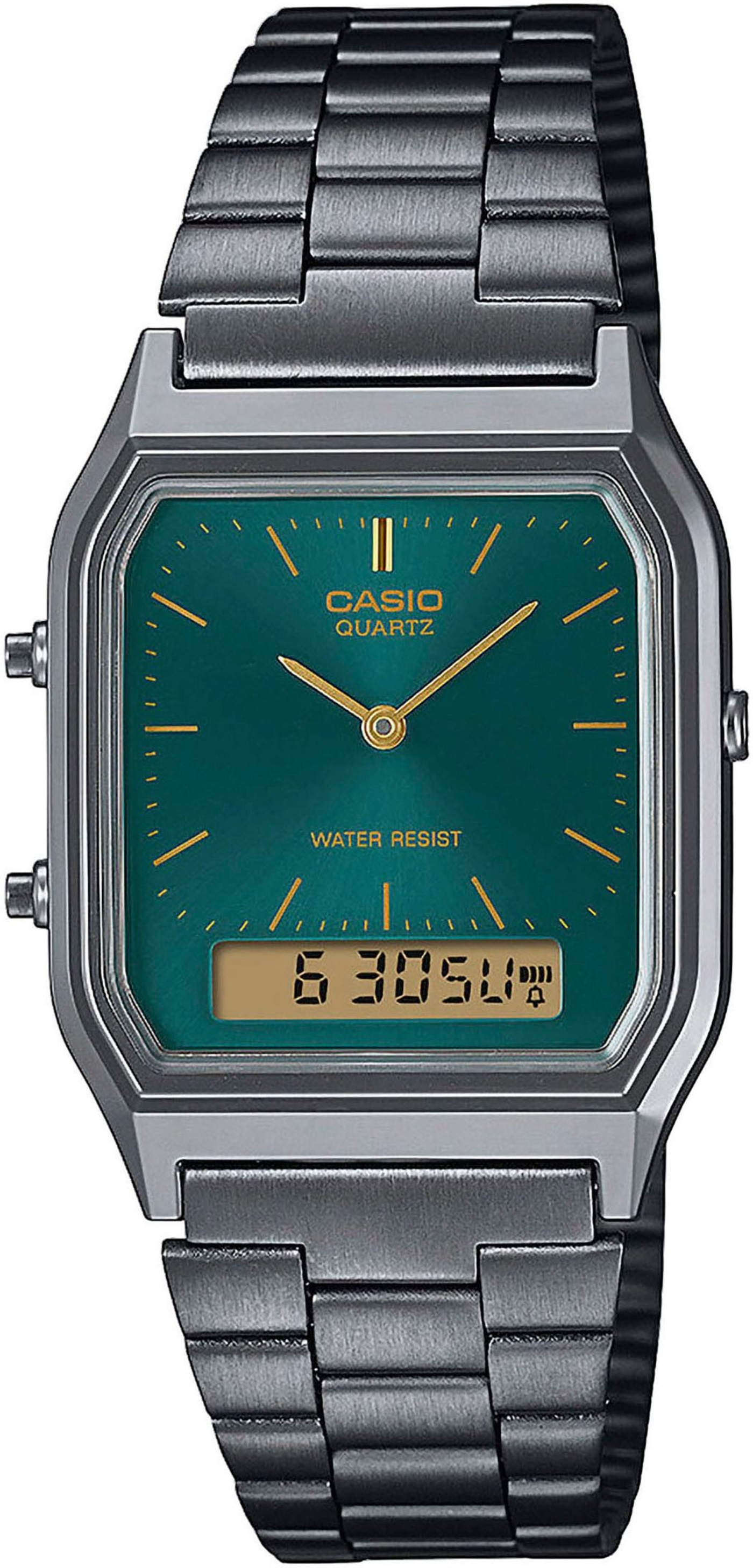 Casio Uhr mit grünem Zifferblatt und silbernem Armband, Digitalanzeige.