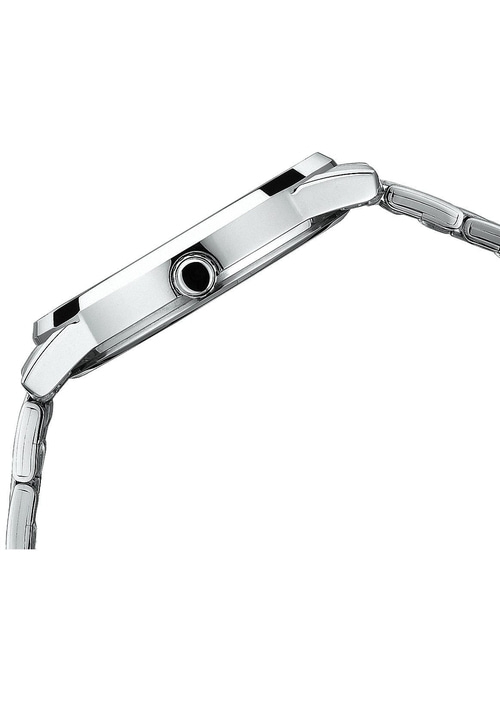 Nahaufnahme einer silbernen Armbanduhr mit schwarzem Zifferblatt und Armband