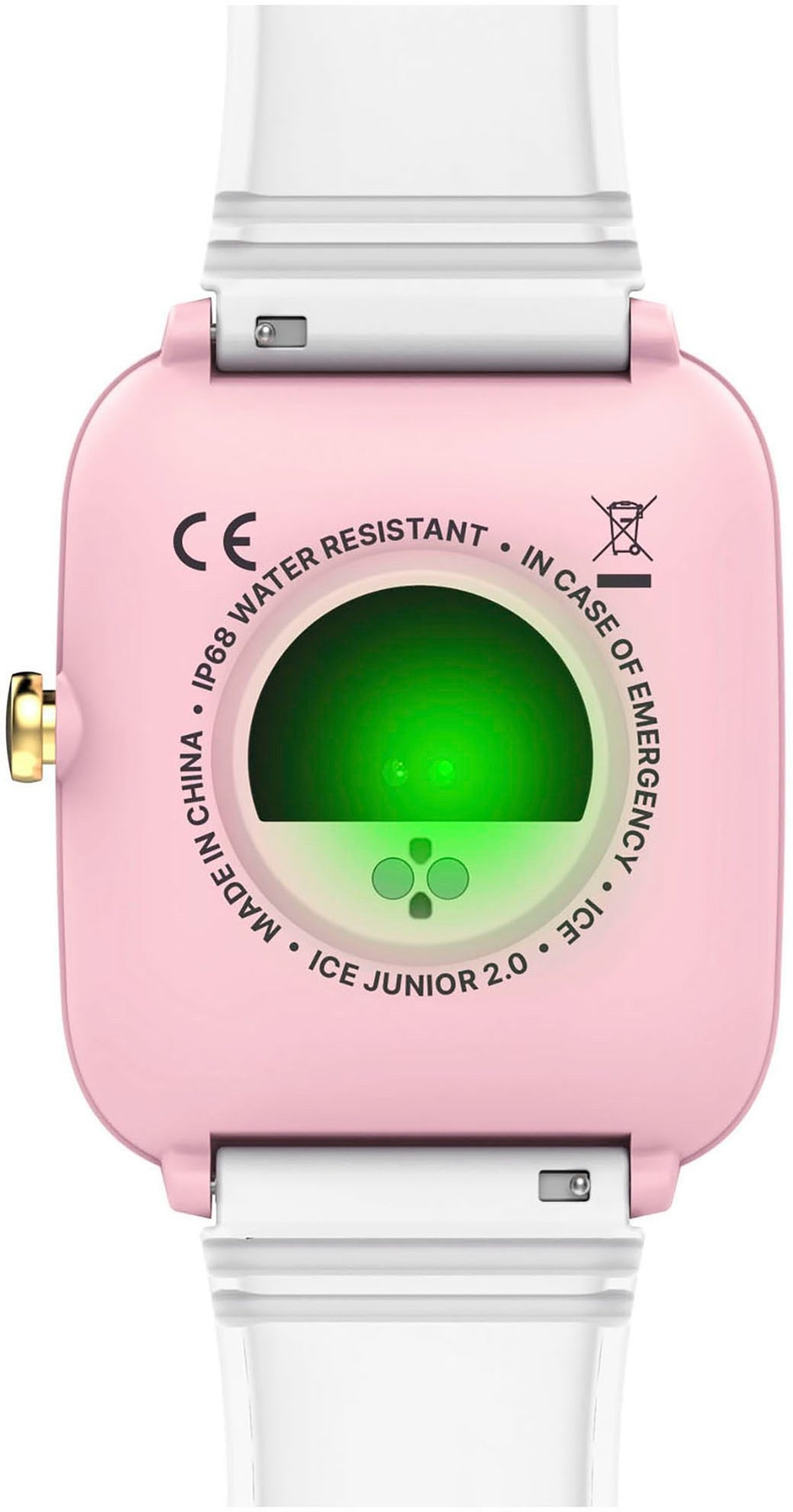 Rückseite einer rosa Smartwatch mit Herzfrequenzsensor und Beschriftung