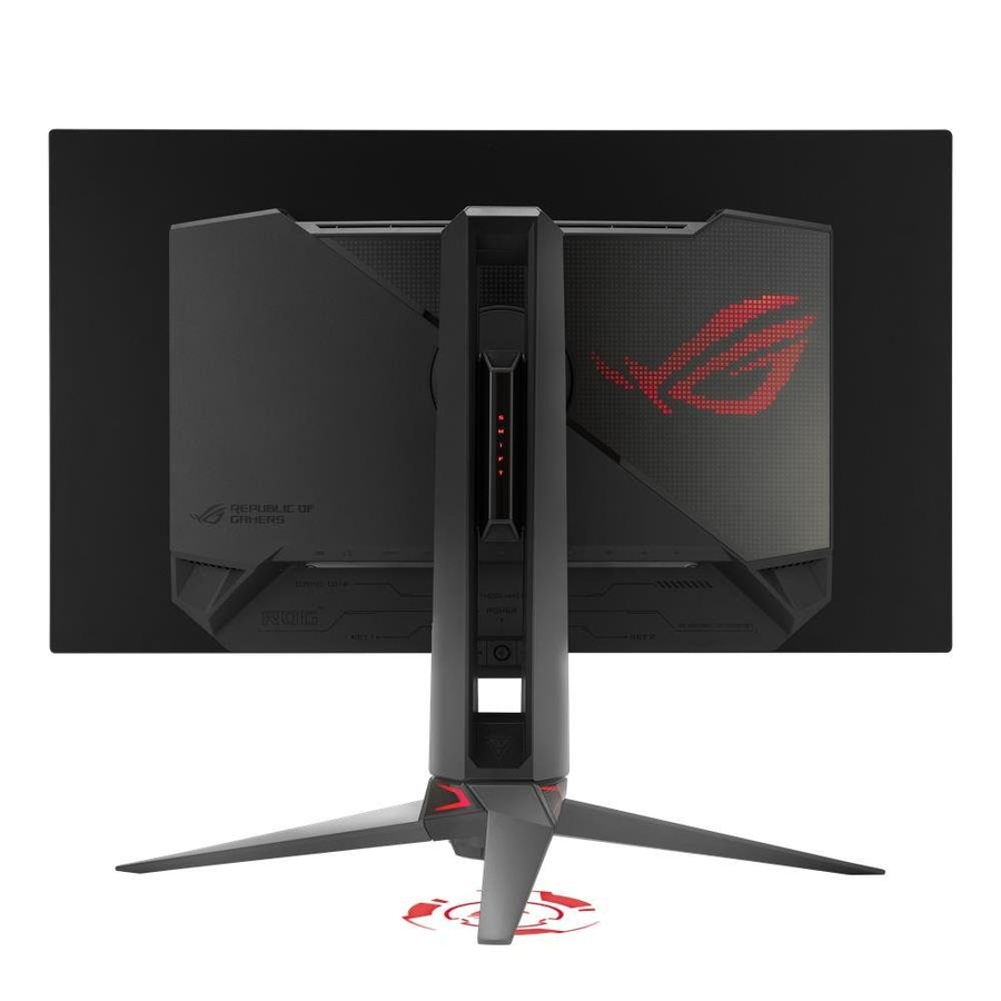 Ein Gaming-Monitor mit ROG-Logo und einem dreibeinigen Ständer.