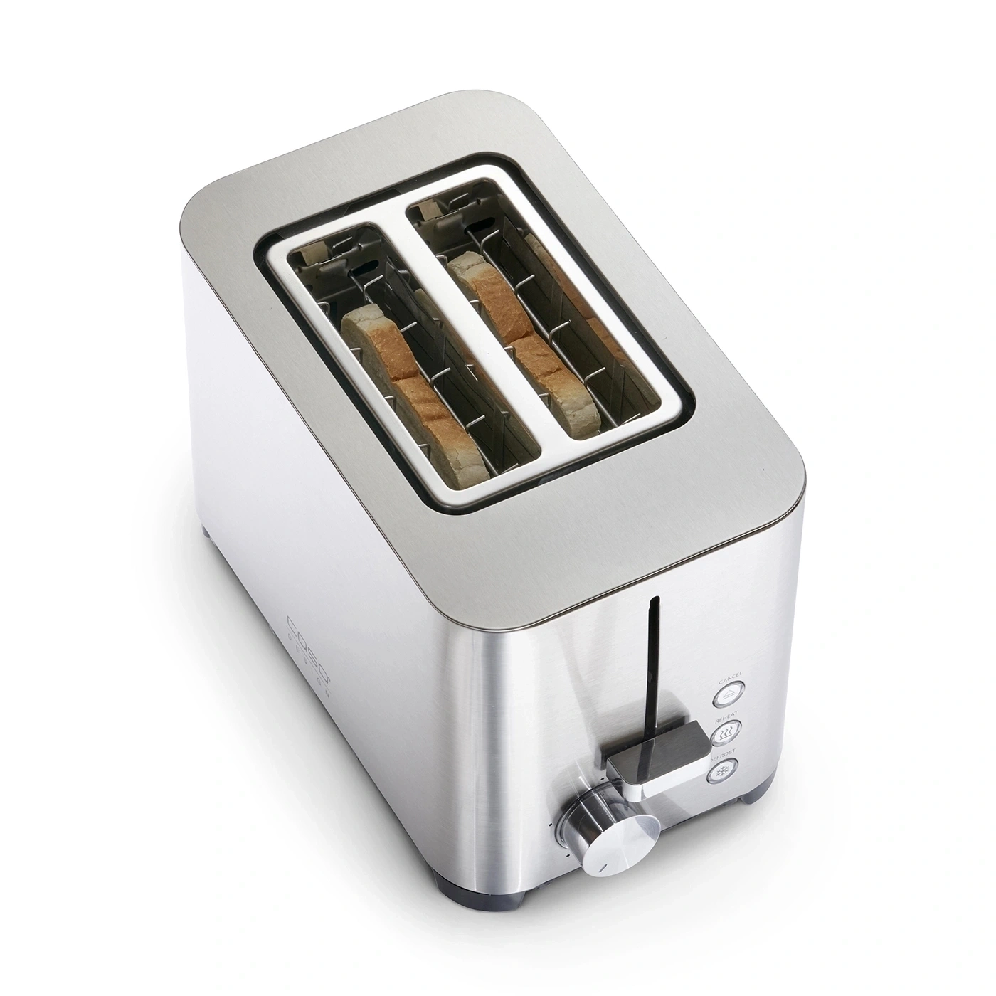 Ein silberner Toaster mit zwei Toastscheiben drin.