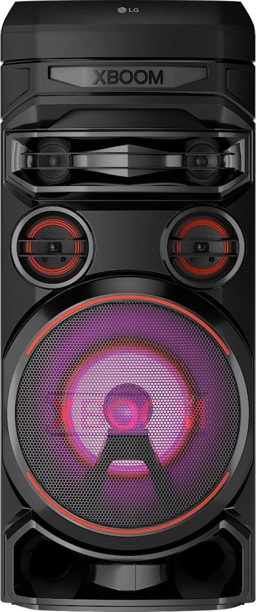 Schwarzer LG XBOOM Lautsprecher mit roter Beleuchtung und XBOOM-Logo.