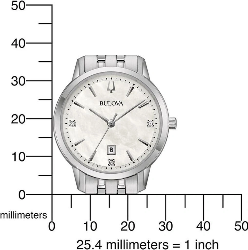 Bulova-Uhr mit Perlmutt-Zifferblatt und Datumsanzeige, silberfarbenes Armband