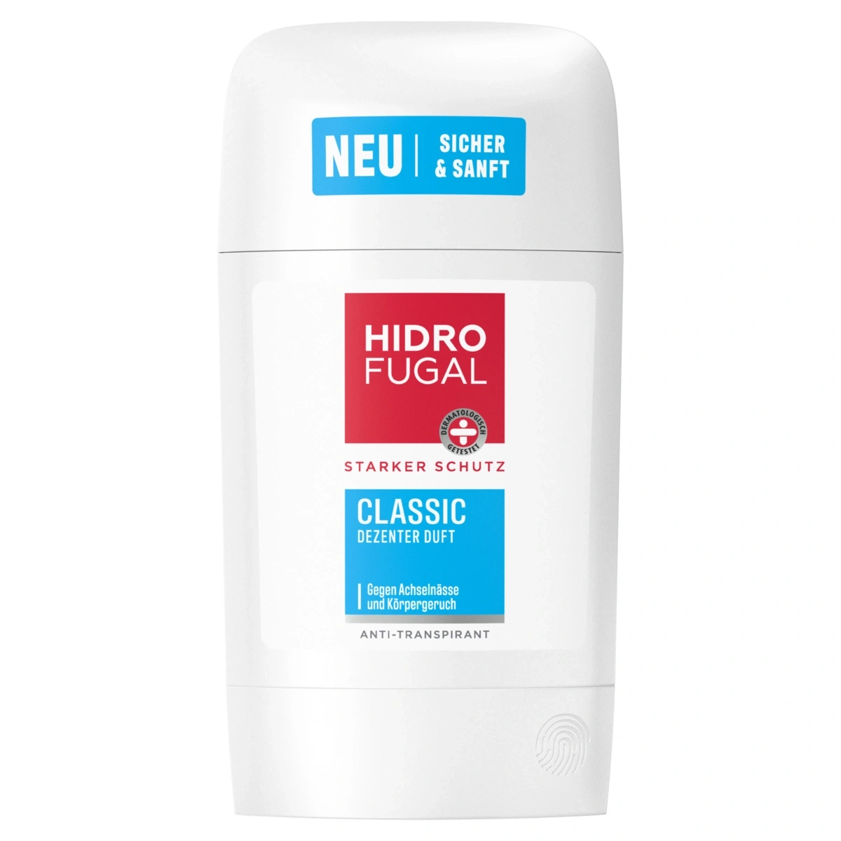 Eine weiße Hidrofugal Classic Antitranspirant-Stange mit blauer und roter Beschriftung.