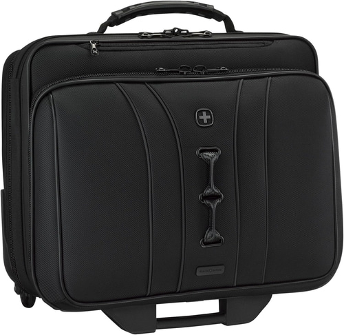 Schwarzer Koffer mit Griff, Kreuz und Rädern. Swissgear Black Series.