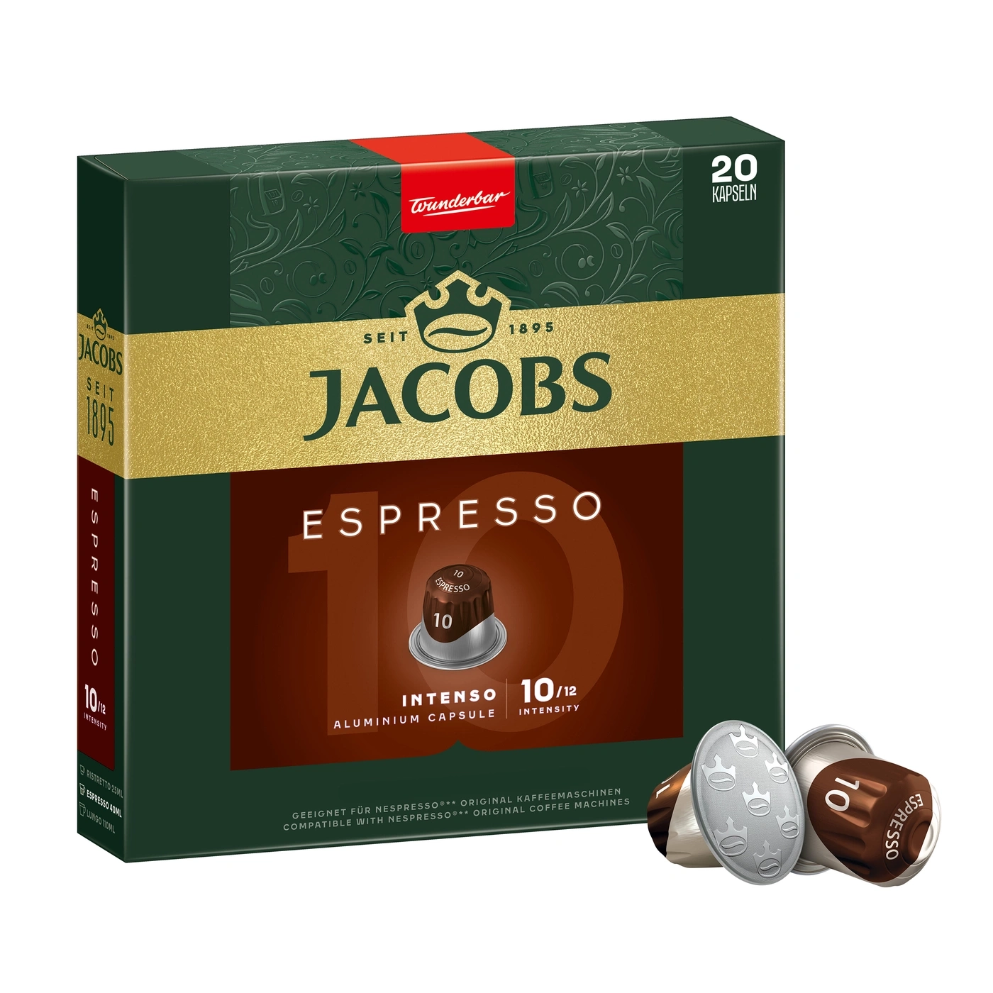 Jacobs Espresso Intenso 10/12 Kapseln im Karton mit zwei Kaffeekapseln