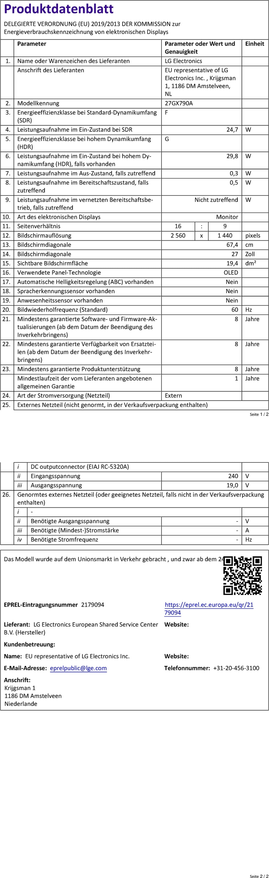 Produktdatenblatt mit Energieeffizienzangaben für elektronische Displays von LG Electronics.