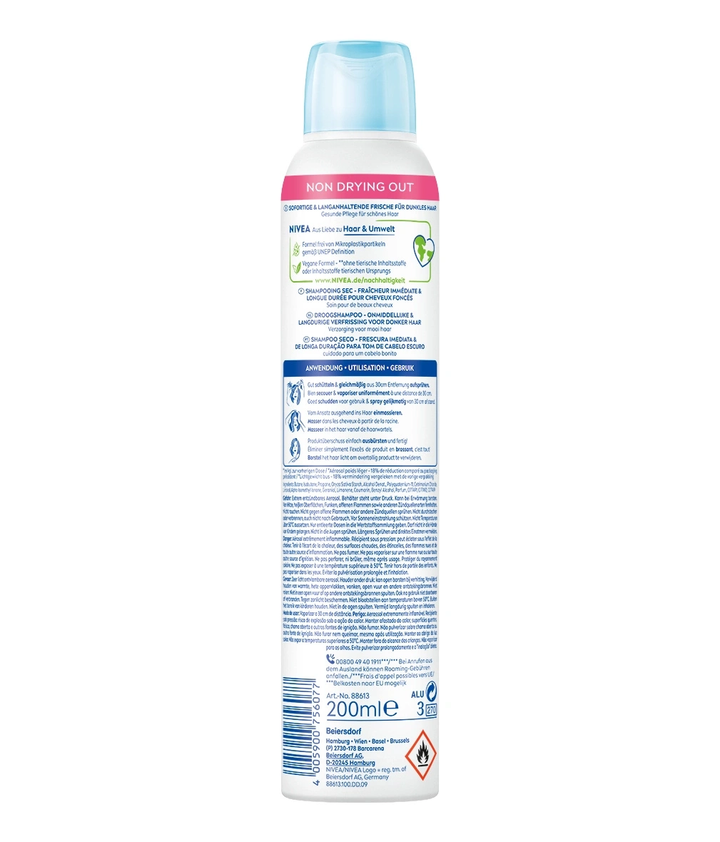 NIVEA Trockenshampoo für dunkles Haar. Sofortige Frische und langanhaltende Wirkung. 200ml Flasche.