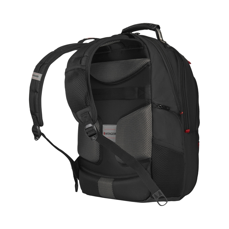 Schwarzer Rucksack von Wenger, mit gepolsterten Trägern und Rücken, ideal für den Alltag.