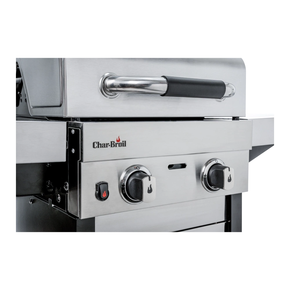 Nahaufnahme eines Char-Broil-Grills mit zwei Bedienknöpfen.