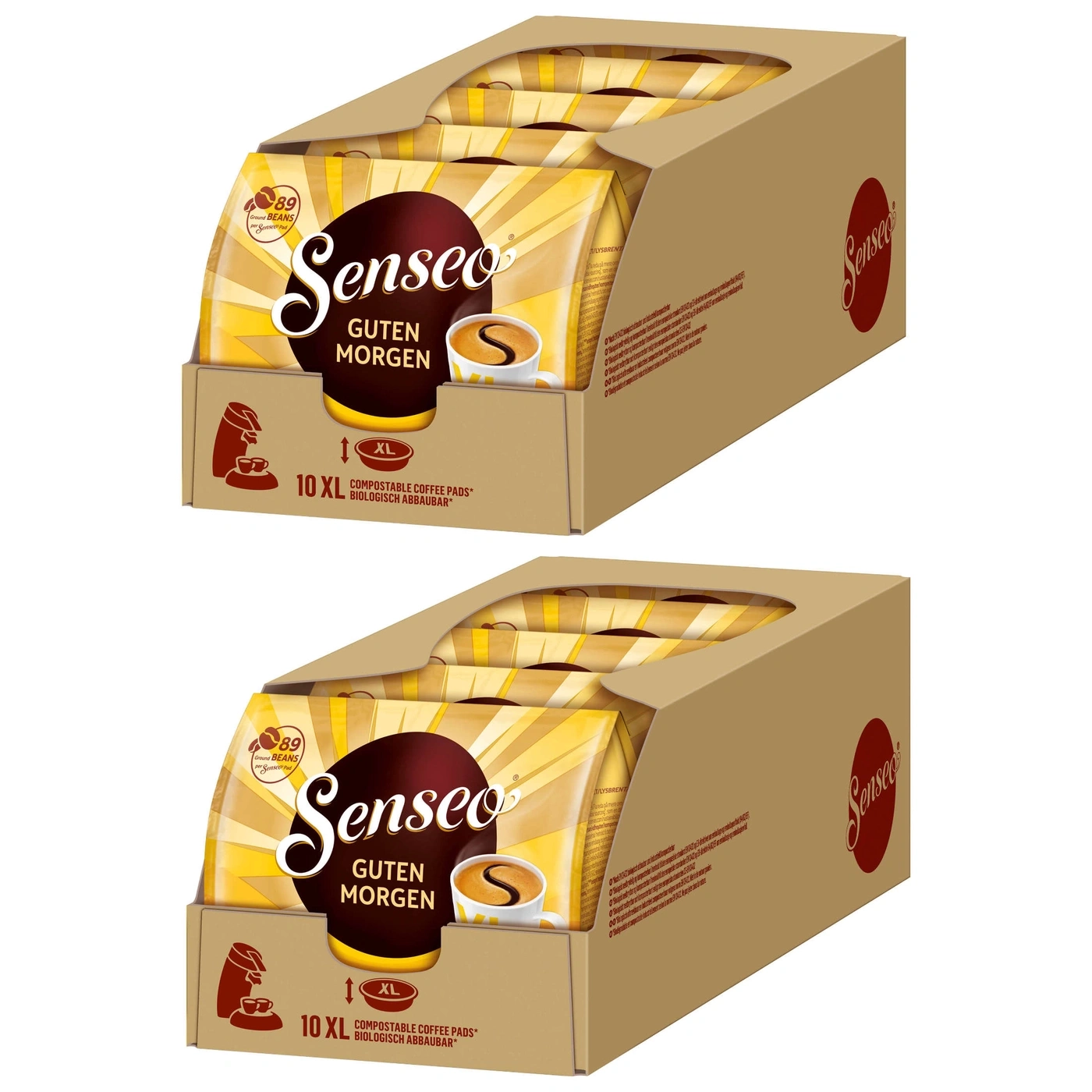 Zwei Senseo-Kaffeepads-Boxen mit "Guten Morgen"-Aufdruck und 10 XL-Pads, biologisch abbaubar.