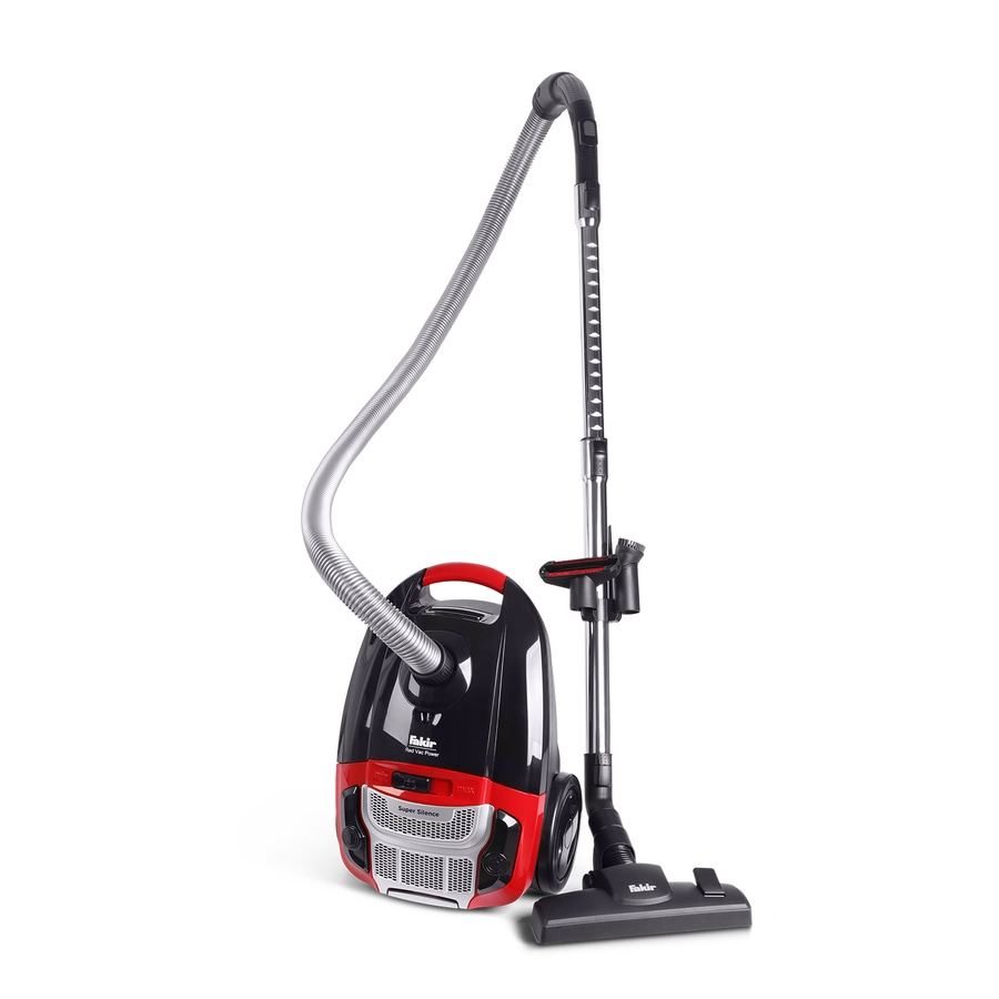 Ein roter und schwarzer Fakir Staubsauger mit Schlauch und Rohr