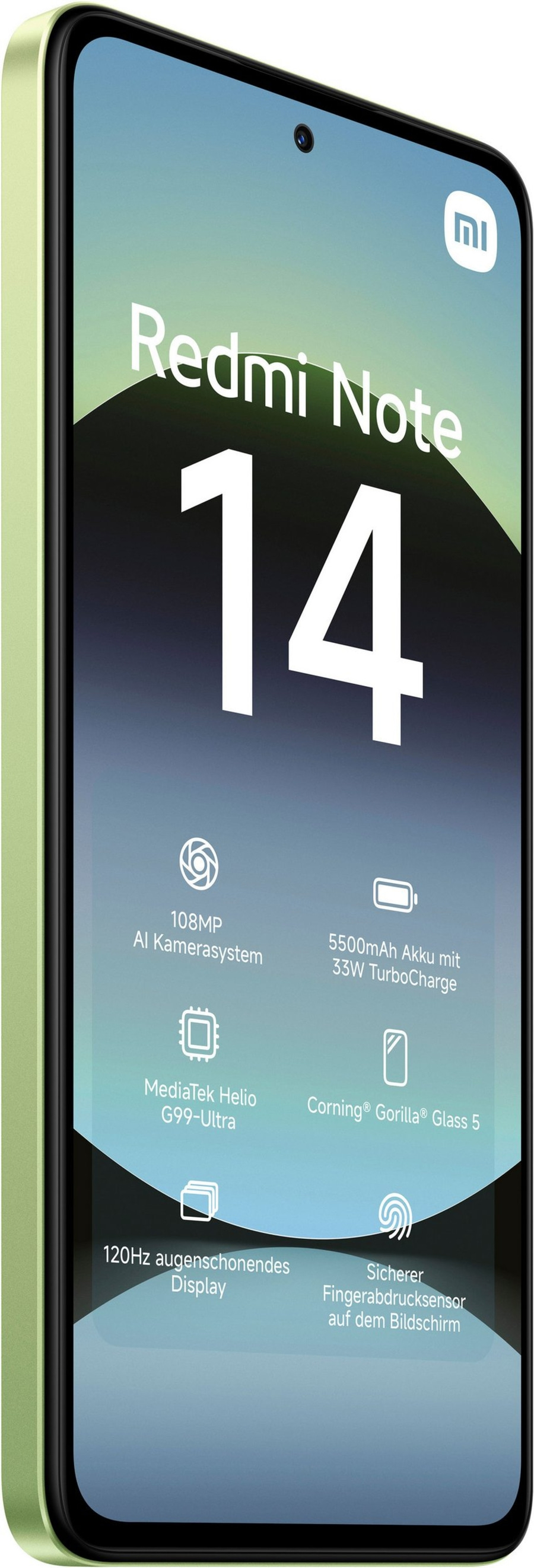 Redmi Note 14 Smartphone mit 108MP Kamera, 120Hz Display und Fingerabdrucksensor.