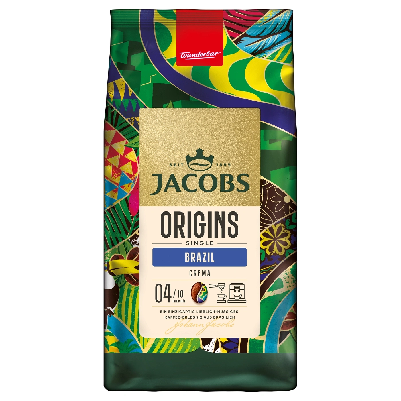 Tolle Kaffeepackung mit brasilianischem Design und Jacobs-Logo.