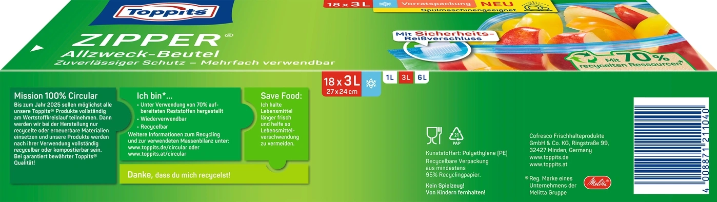 Toppits Zipper Allzweck-Beutel, recycelbar, wiederverwendbar, 70% recycelte Ressourcen, 18x3L