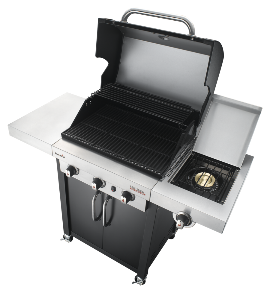 Gasgrill mit offenem Deckel, Seitenablage und Kochfeld, professionell