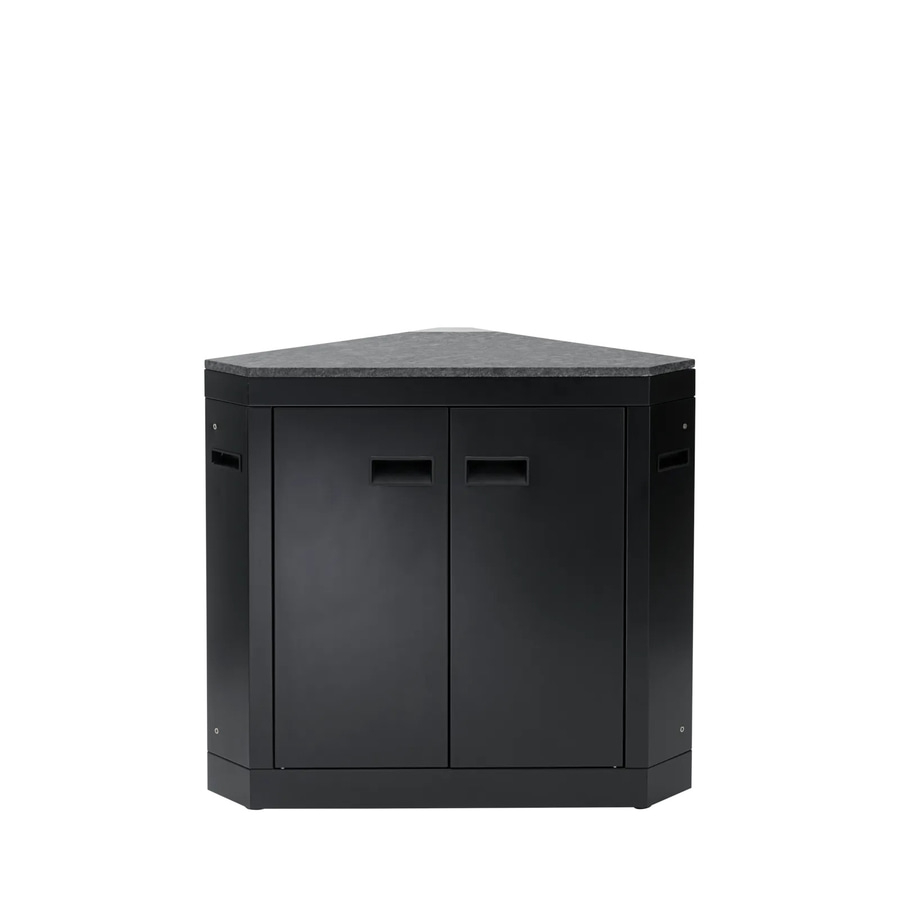 Schwarzer Eckschrank mit grauer Platte und zwei Türen, minimalistisch