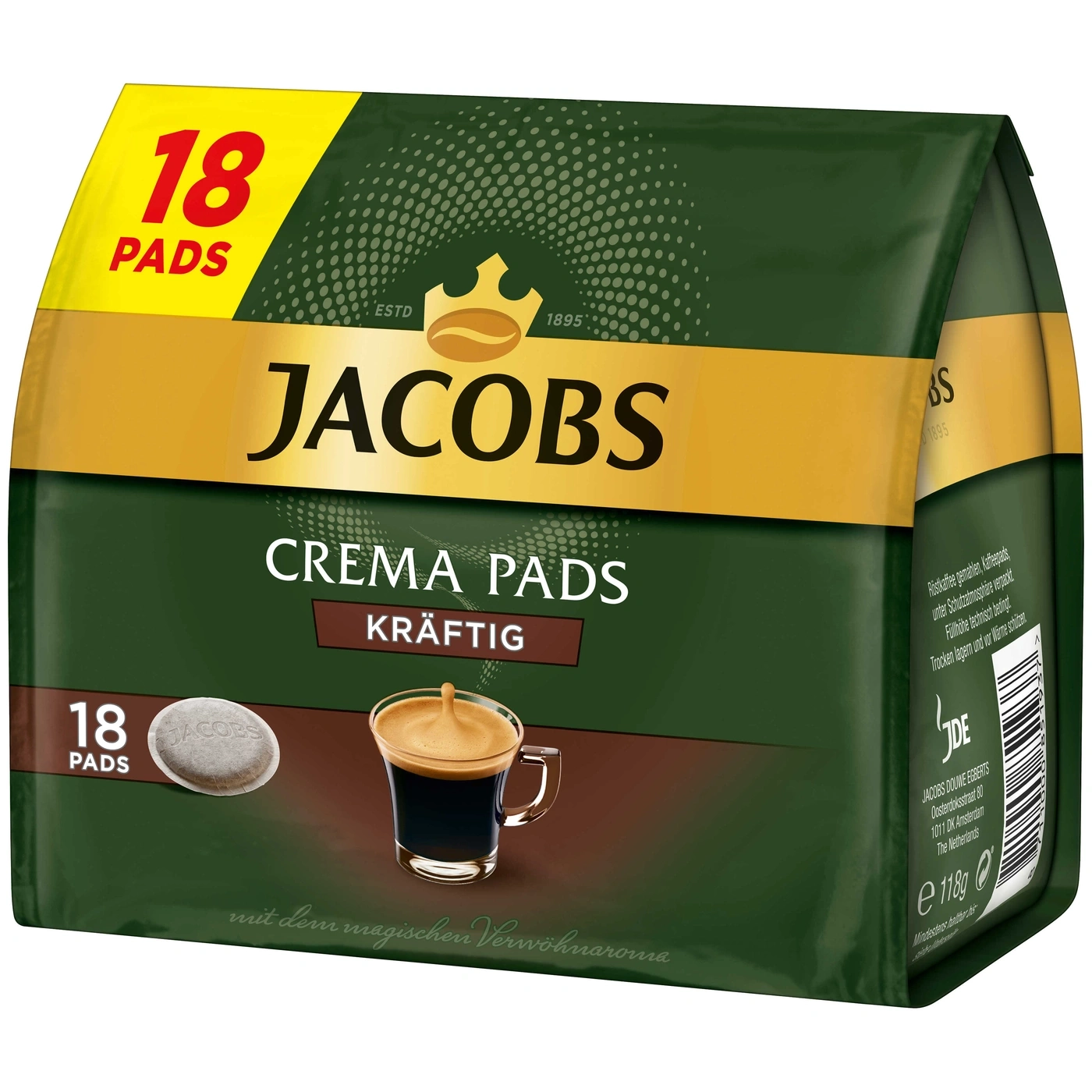 Jacobs Crema Pads, 18 Stück, stark, Kaffee, Kaffeepads, Packung, grün, gelb, Kaffeebecher