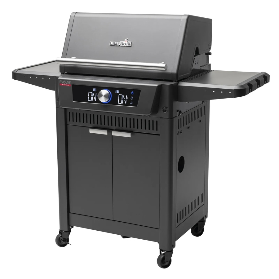 Schwarzer Grill mit zwei Seitenablagen und digitaler Anzeige mit der Aufschrift "ON".