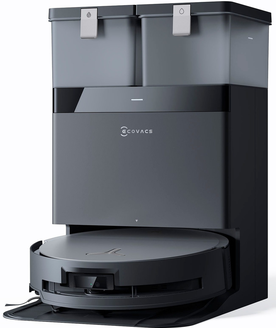 Dunkelgrauer Roboterstaubsauger mit Ladestation und ECOVACS-Logo, modernem Design.