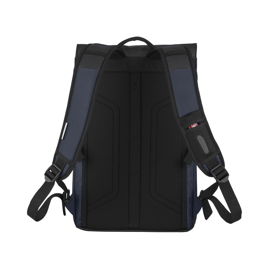 Schwarzer Rucksack mit blauen Akzenten und verstellbaren Trägern, Rückansicht.