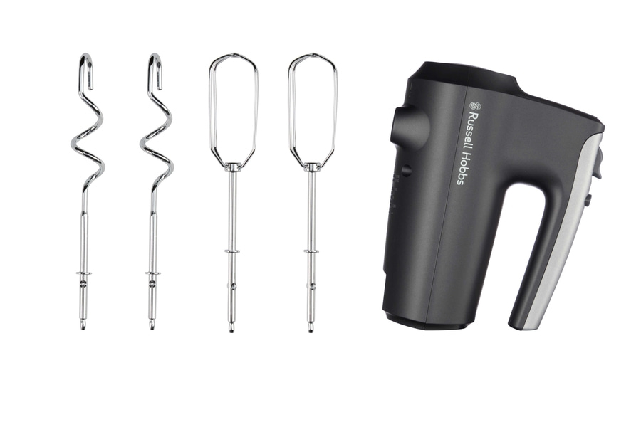 Handmixer mit Zubehör. Schwarzer Mixer mit Schneebesen und Knethaken.