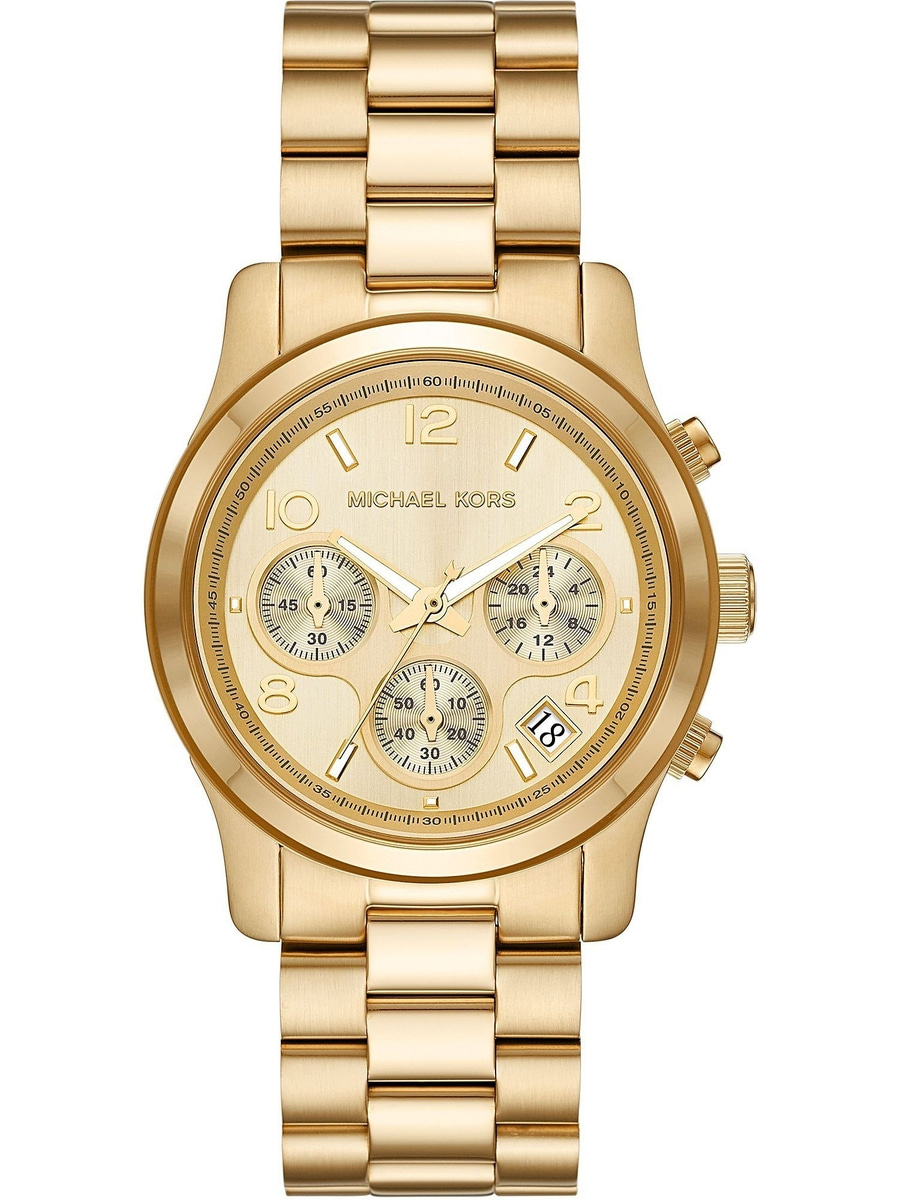 goldene Michael Kors Uhr mit drei Zählern und Datumsanzeige