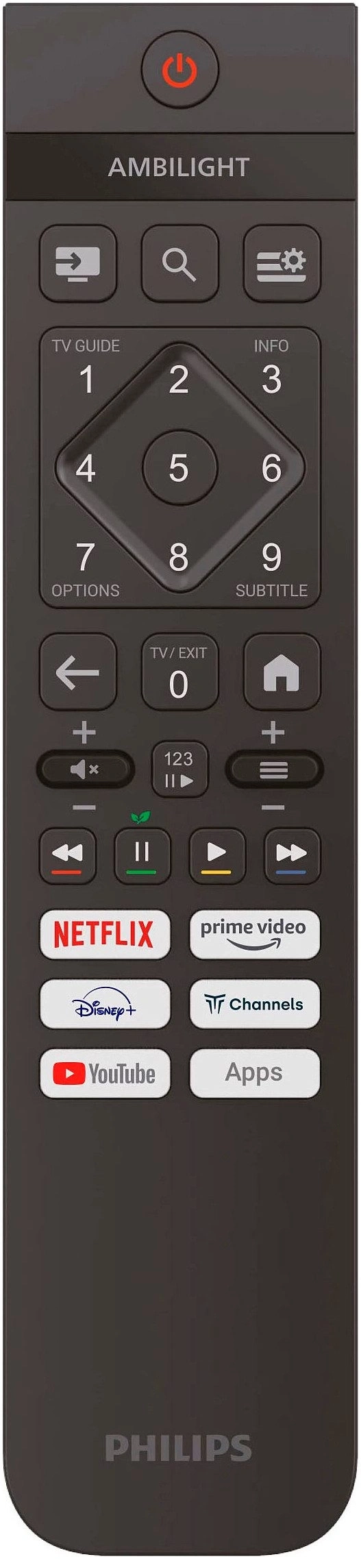 Philips Fernbedienung mit Nummerntasten, Navigation und App-Schnelltasten.