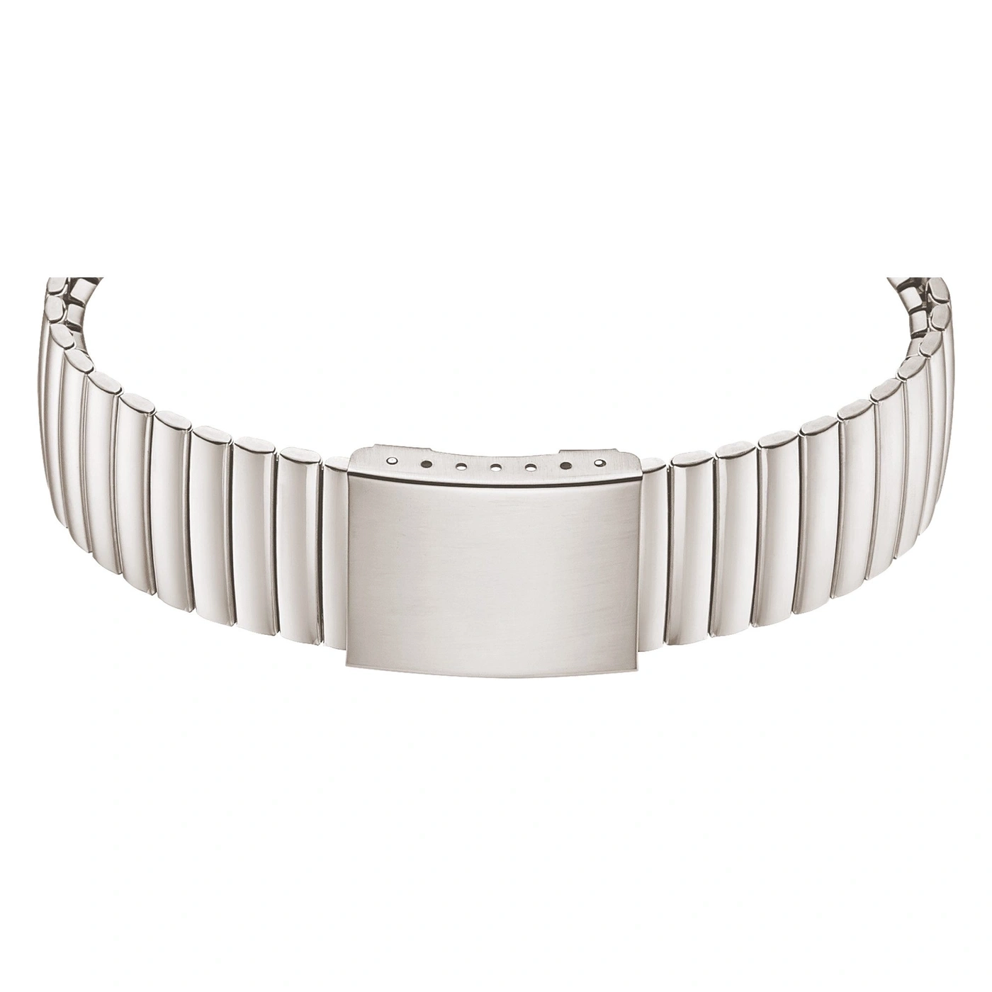 Ein silbernes Armband mit einem Faltschloss in der Mitte und Gliedern, die sich zu einer Brücke formen.