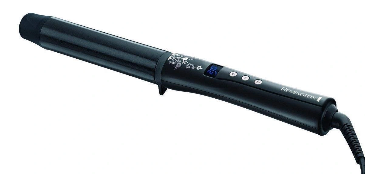 Schwarzer Lockenstab von Remington mit digitaler Anzeige und floralem Muster.
