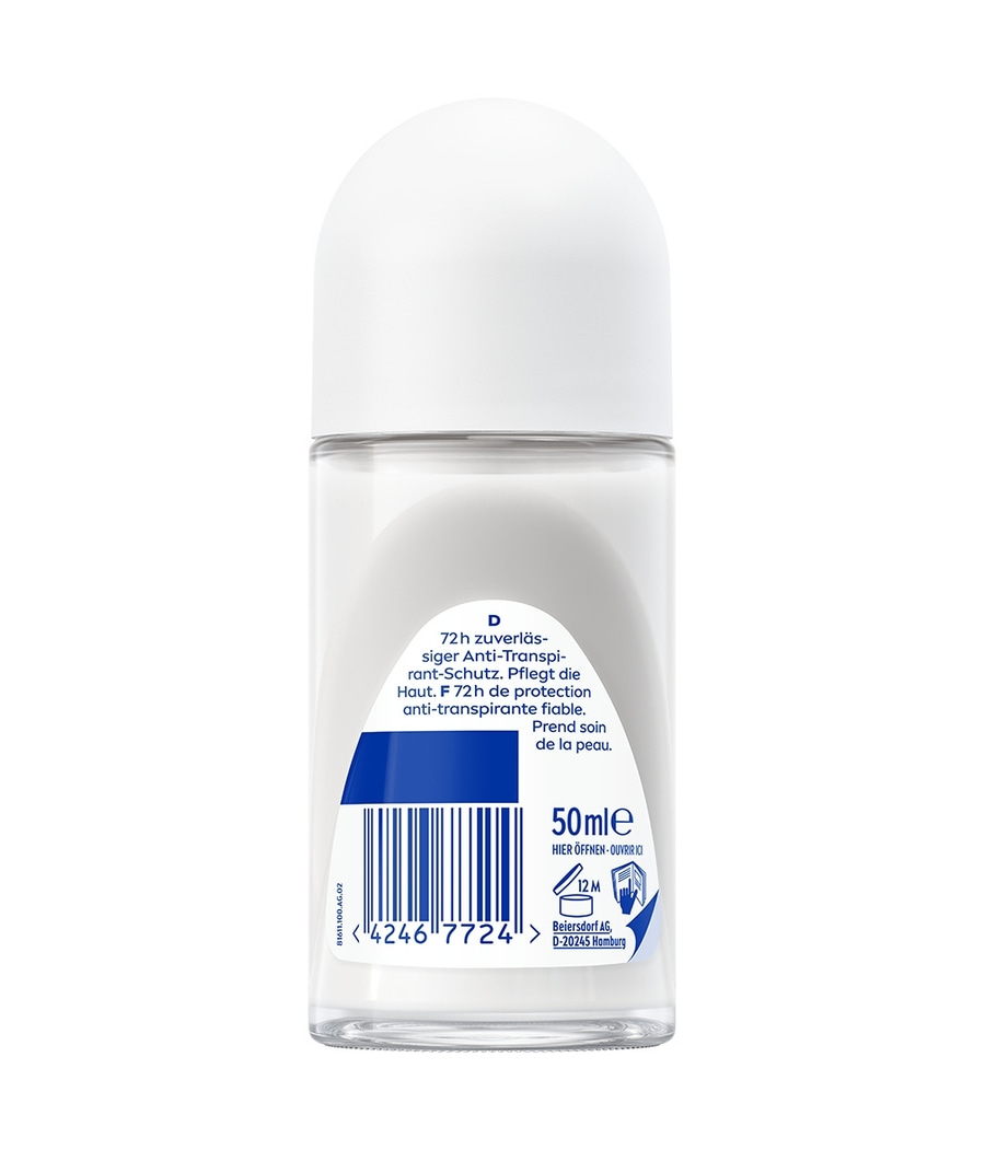 Ein weißer Deoroller mit blauem Etikett und Barcode. 50ml.