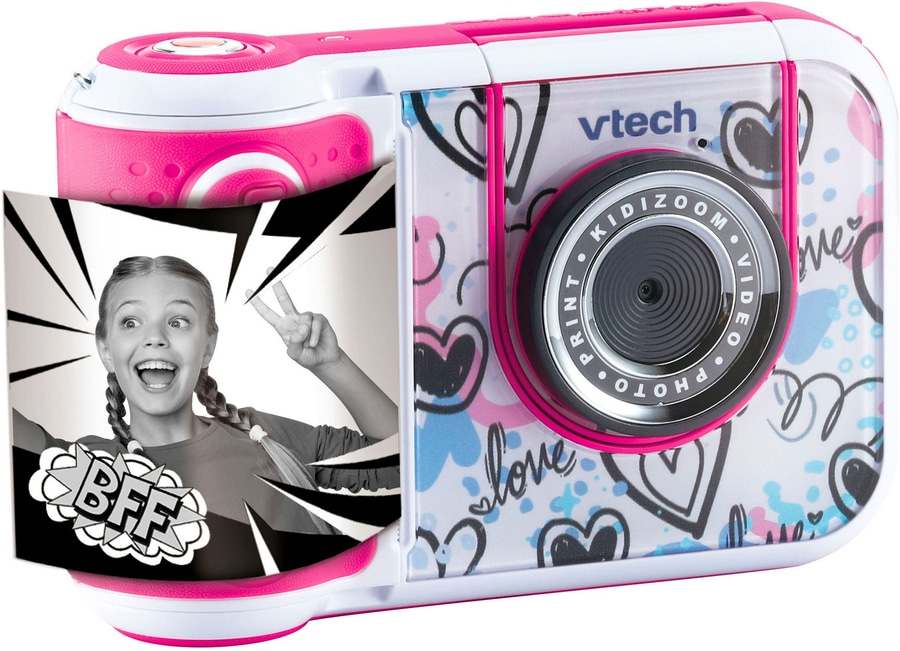 VTech Kidizoom Digitalkamera mit pinken und weißen Akzenten und einem Foto mit einem Mädchen
