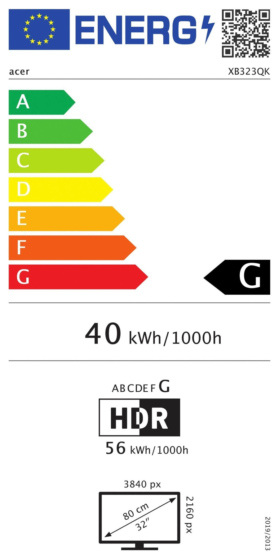 Energielabel für Acer Monitor mit Energieeffizienzklasse G, 40 kWh/1000h