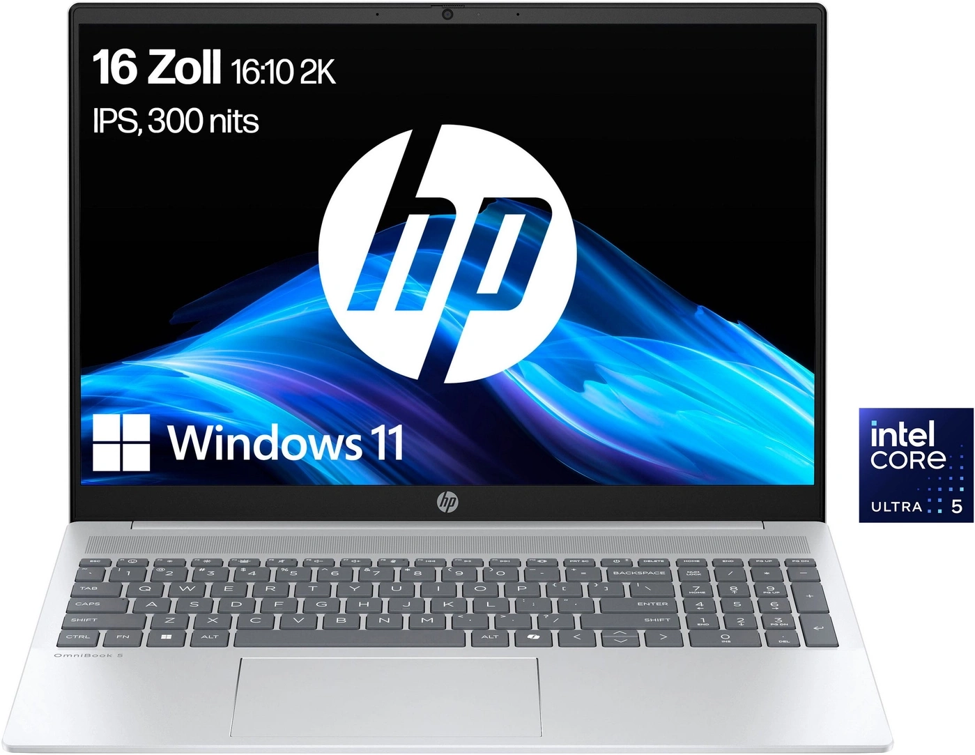Silberner HP OmniBook 5 Laptop mit Intel Core Ultra 5 Prozessor und Windows 11