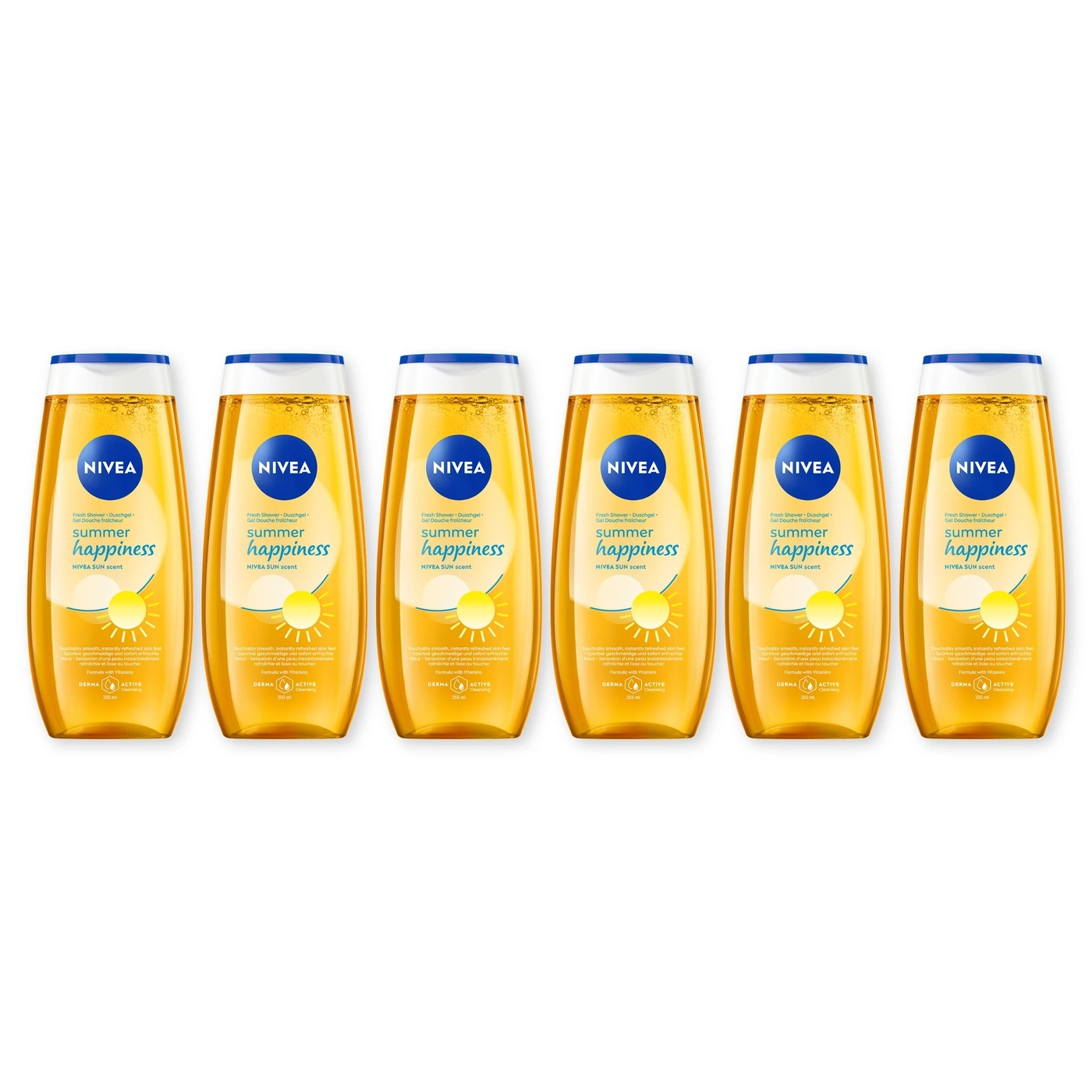 Sechs Nivea Dusche Flaschen mit Sommer Glück Duft. 250 ml.