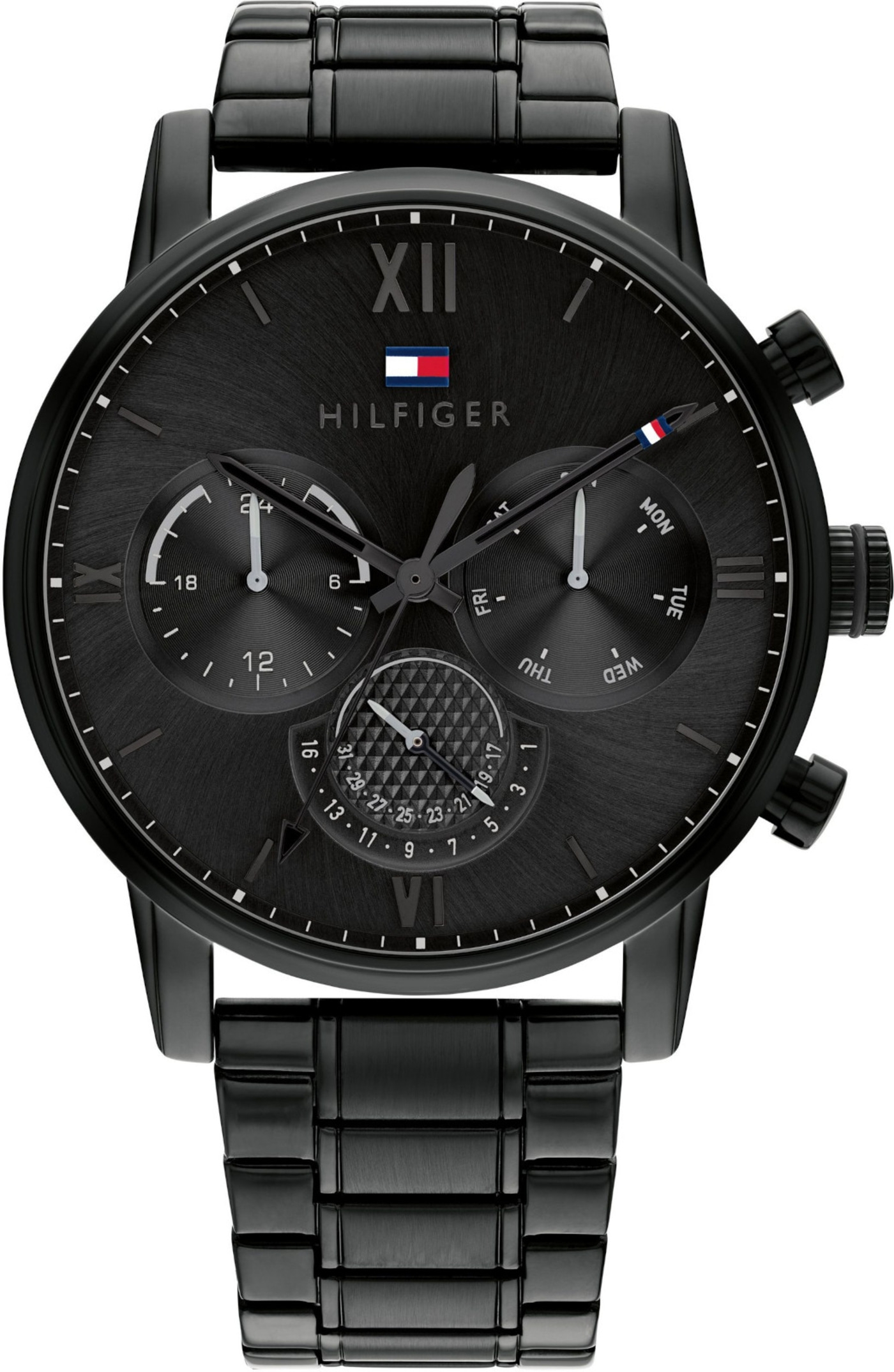 Schwarze Tommy Hilfiger Uhr mit römischen Ziffern, Chronographen und Datumsanzeige.
