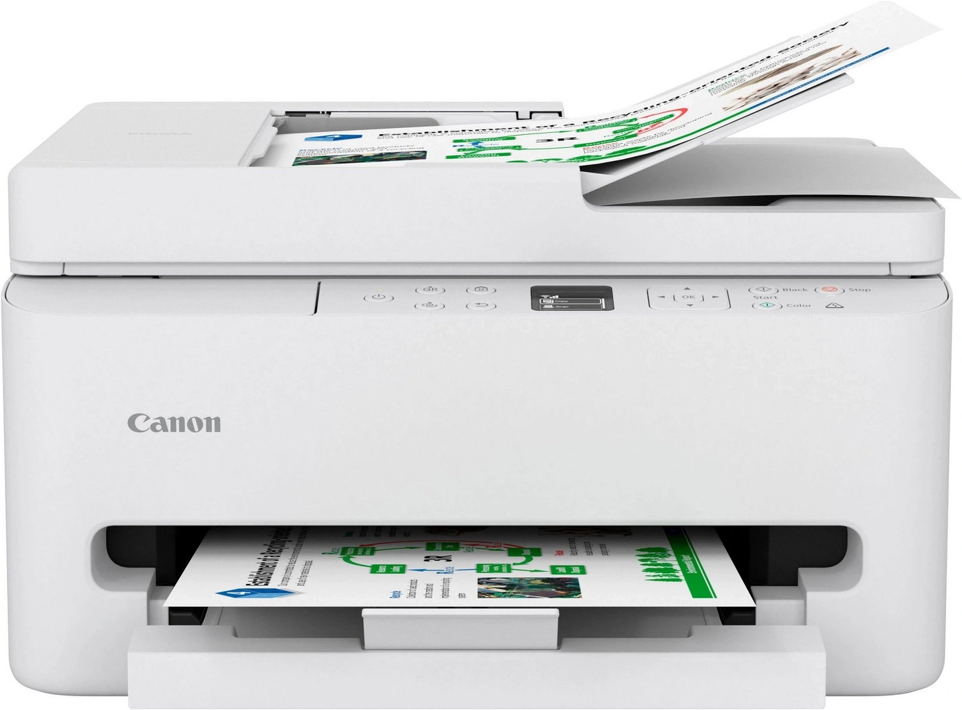 Weiße Canon-Drucker mit Papier im Einzug und auf dem Ausgabefach.