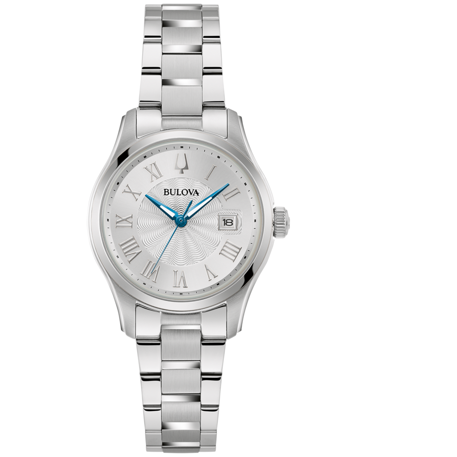 Bulova-Uhr, silbernes Zifferblatt, römische Ziffern, Datumsanzeige, Edelstahlarmband.