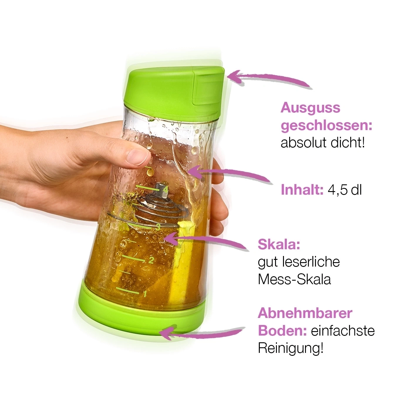 Salatdressing-Shaker mit Beschriftungen: Ausguss, Inhalt, Skala, abnehmbarer Boden.