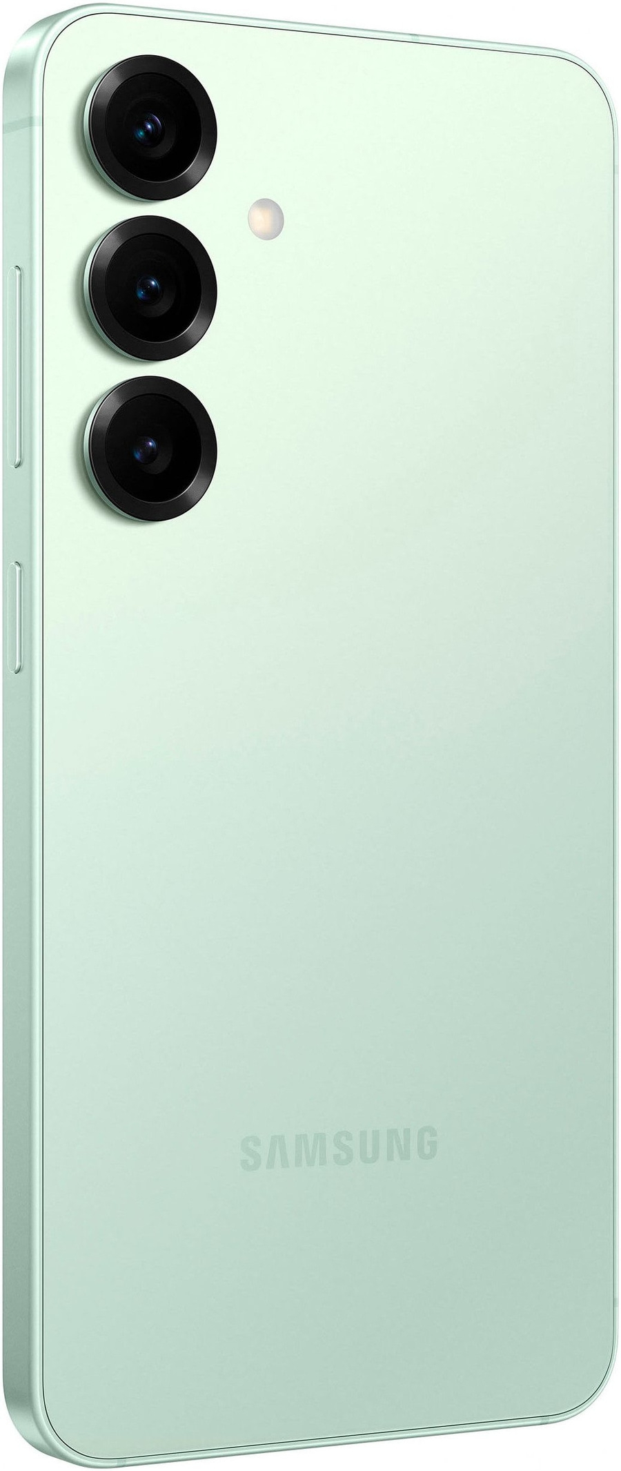 Ein hellgrünes Samsung Smartphone mit drei Kameras auf der Rückseite.