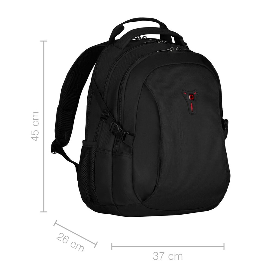 Schwarzer Rucksack mit roten Details, 45 cm hoch, 26 cm breit, 37 cm lang.