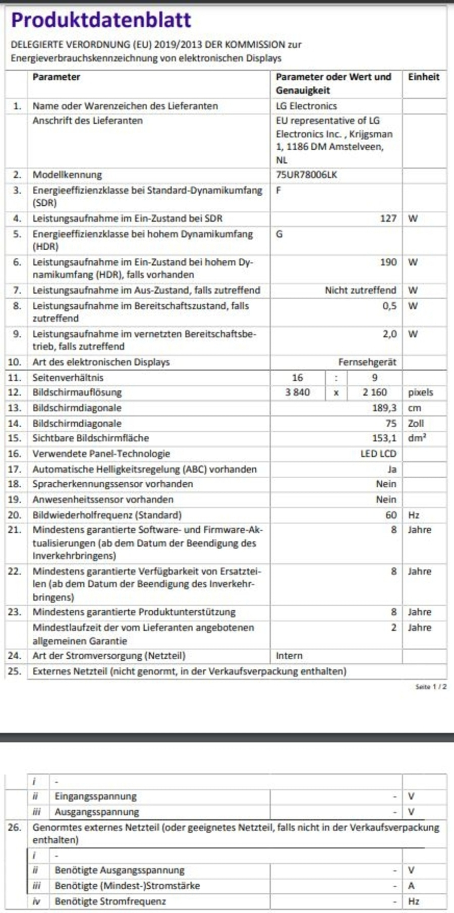 Produktdatenblatt eines Fernsehgeräts mit technischen Daten wie Energieeffizienz und Bildschirmauflösung.