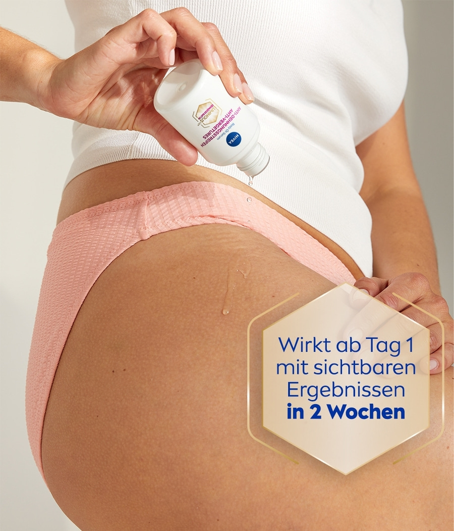 Frau trägt Nivea-Serum auf, Text: Wirkt ab Tag 1 mit sichtbaren Ergebnissen in 2 Wochen