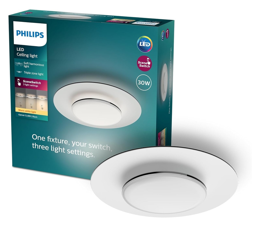 Philips LED Deckenleuchte mit drei Lichteinstellungen, 30W, SceneSwitch, warmweiß.