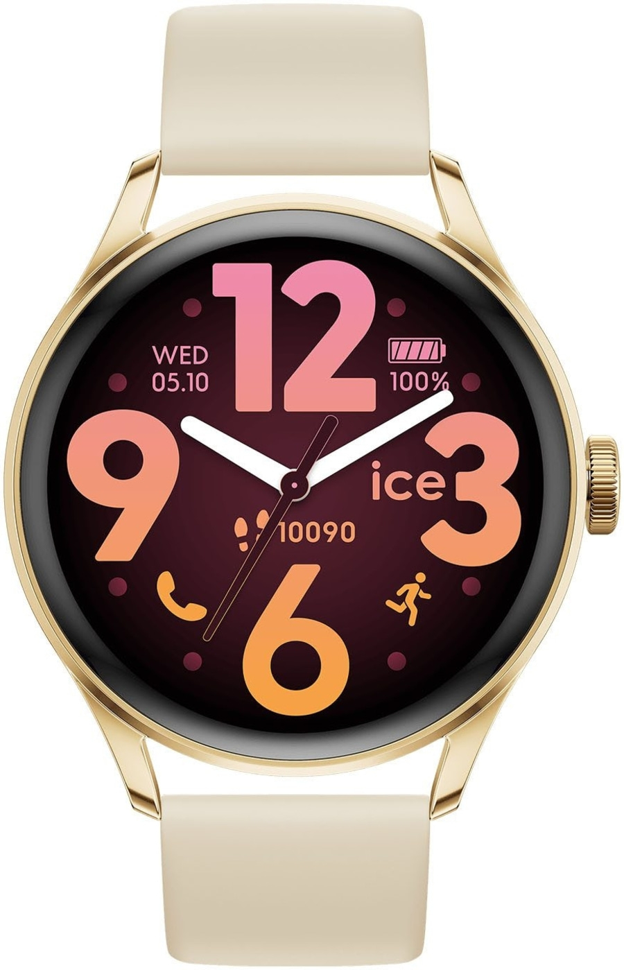 Eine goldene Smartwatch mit beigem Armband zeigt 100% Akku und 10090 Schritte an.