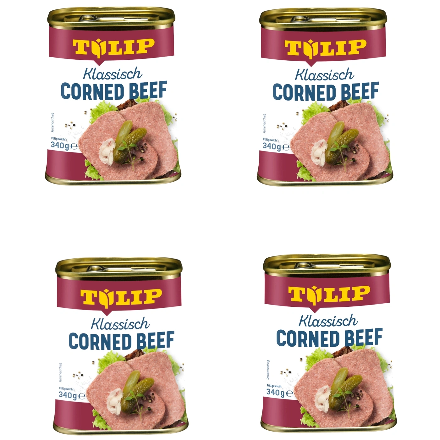 Vier Dosen Corned Beef von Tulip mit 340g Füllgewicht, Klassisch.