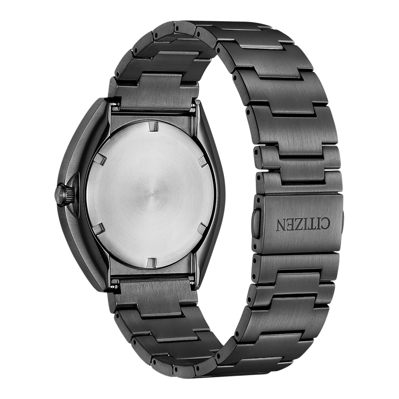 Schwarze Citizen-Uhr, Rückseite, Armband, Detailaufnahme, Nahaufnahme, Metall